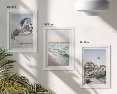 Set ingelijste schilderijen met afbeeldingen van paarden in beweging, een strand, een vuurtoren en watergolven