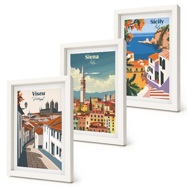 Set van ingelijste schilderijen Retro-illustraties van beroemde steden over de hele wereld.