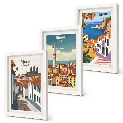Set van ingelijste schilderijen met retro-illustraties van beroemde steden over de hele wereld