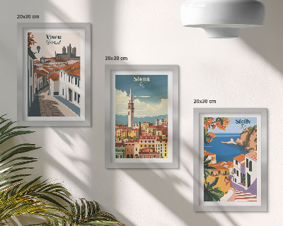 Set van ingelijste schilderijen Retro-illustraties van beroemde steden over de hele wereld.