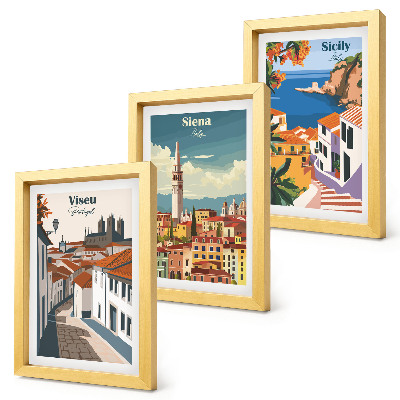 Set van ingelijste schilderijen Retro-illustraties van beroemde steden over de hele wereld.