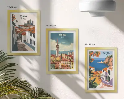 Set van ingelijste schilderijen met retro-illustraties van beroemde steden over de hele wereld