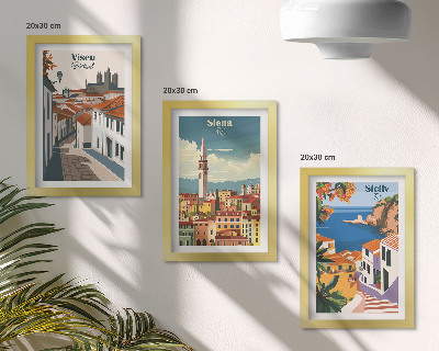 Set van ingelijste schilderijen Retro-illustraties van beroemde steden over de hele wereld.