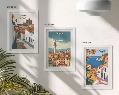 Set van ingelijste schilderijen met retro-illustraties van beroemde steden over de hele wereld