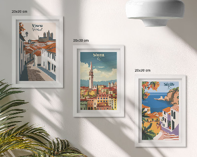 Set van ingelijste schilderijen Retro-illustraties van beroemde steden over de hele wereld.