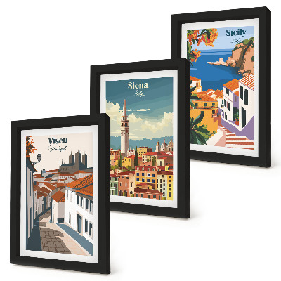 Set van ingelijste schilderijen Retro-illustraties van beroemde steden over de hele wereld.