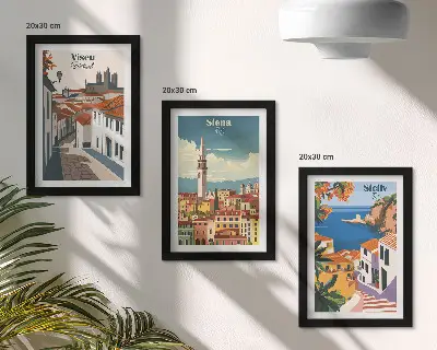 Set van ingelijste schilderijen met retro-illustraties van beroemde steden over de hele wereld