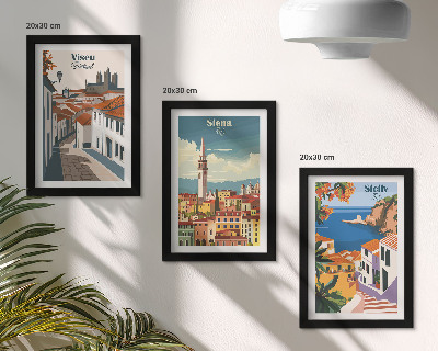 Set van ingelijste schilderijen Retro-illustraties van beroemde steden over de hele wereld.
