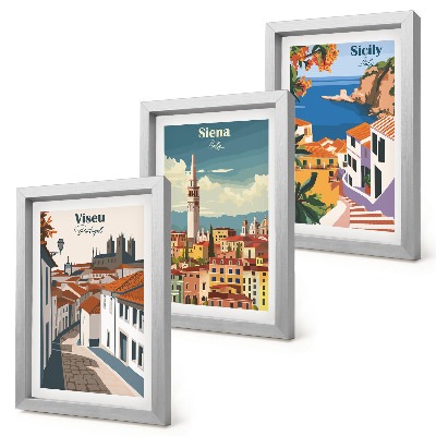Set van ingelijste schilderijen Retro-illustraties van beroemde steden over de hele wereld.