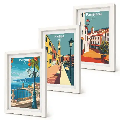 Set van ingelijste schilderijen met populaire steden in retro illustratieve stijl