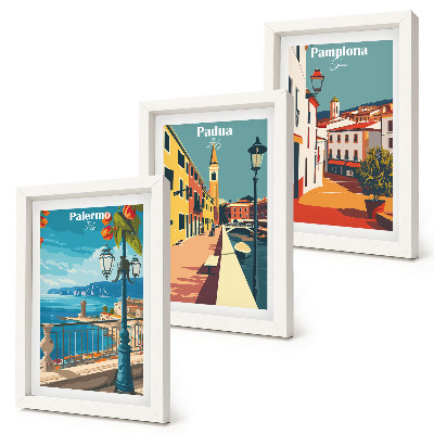 Set van ingelijste schilderijen Populaire steden in een retro illustratieve stijl.