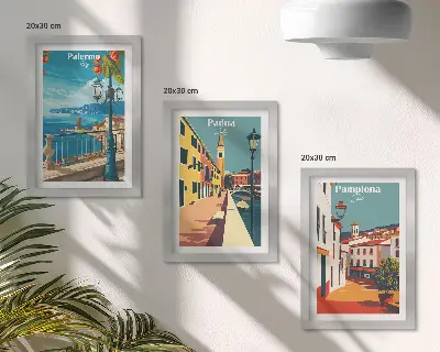 Set van ingelijste schilderijen met populaire steden in retro illustratieve stijl