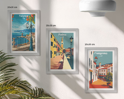 Set van ingelijste schilderijen Populaire steden in een retro illustratieve stijl.