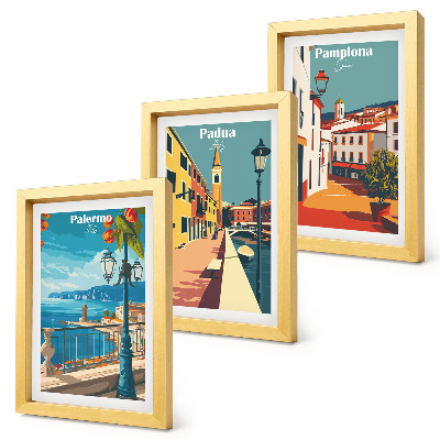 Set van ingelijste schilderijen Populaire steden in een retro illustratieve stijl.