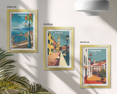 Set van ingelijste schilderijen Populaire steden in een retro illustratieve stijl.