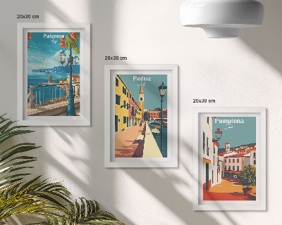 Set van ingelijste schilderijen Populaire steden in een retro illustratieve stijl.