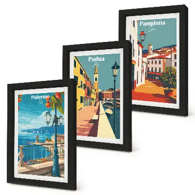 Set van ingelijste schilderijen met populaire steden in retro illustratieve stijl