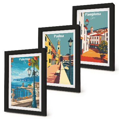 Set van ingelijste schilderijen Populaire steden in een retro illustratieve stijl.