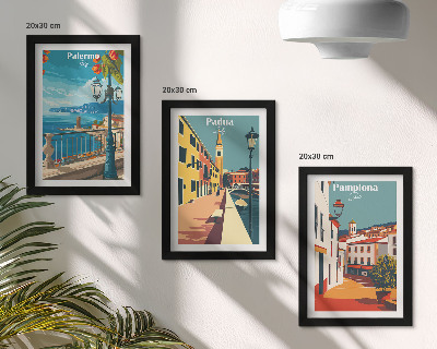 Set van ingelijste schilderijen Populaire steden in een retro illustratieve stijl.