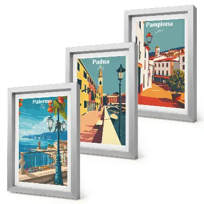 Set van ingelijste schilderijen met populaire steden in retro illustratieve stijl