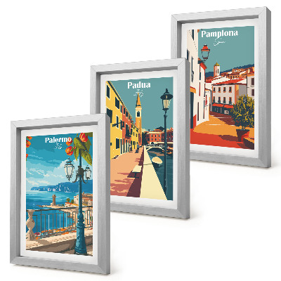 Set van ingelijste schilderijen Populaire steden in een retro illustratieve stijl.