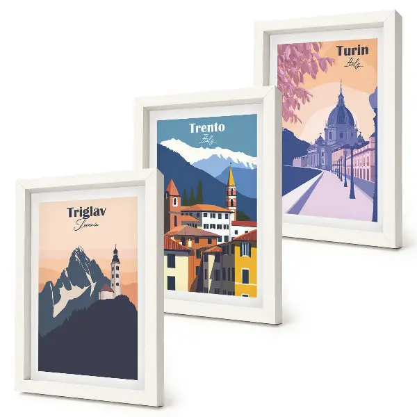 Gallery wall met illustraties van Bergen en retro-architectuur