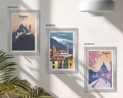 Gallery wall met illustraties van Bergen en retro-architectuur