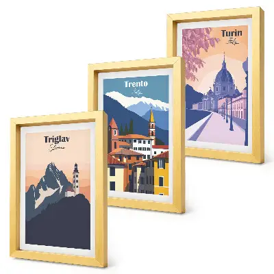 Gallery wall met illustraties van Bergen en retro-architectuur