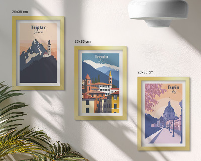 Gallery wall Bergen en retro-architectuur, kleurrijke illustraties