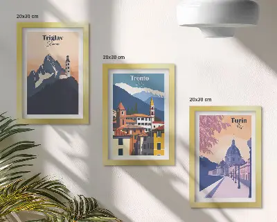 Gallery wall met illustraties van Bergen en retro-architectuur