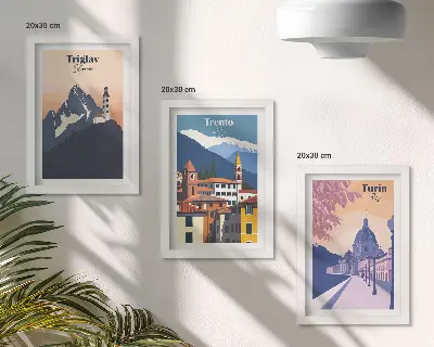 Gallery wall met illustraties van Bergen en retro-architectuur
