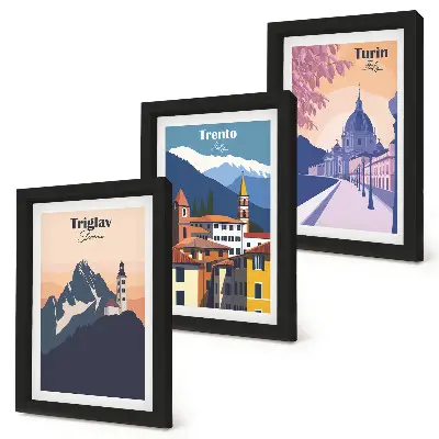Gallery wall met illustraties van Bergen en retro-architectuur