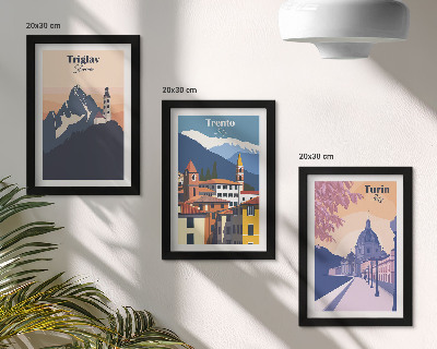Gallery wall Bergen en retro-architectuur, kleurrijke illustraties
