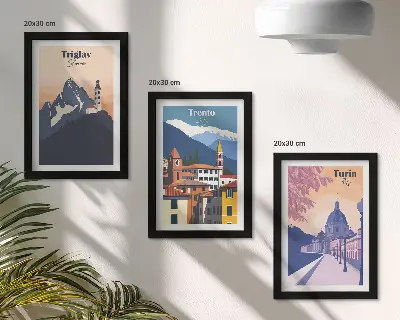 Gallery wall met illustraties van Bergen en retro-architectuur
