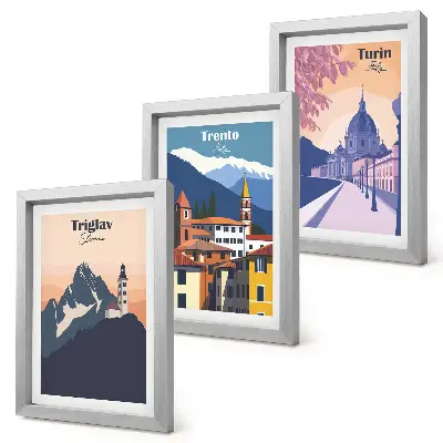 Gallery wall met illustraties van Bergen en retro-architectuur