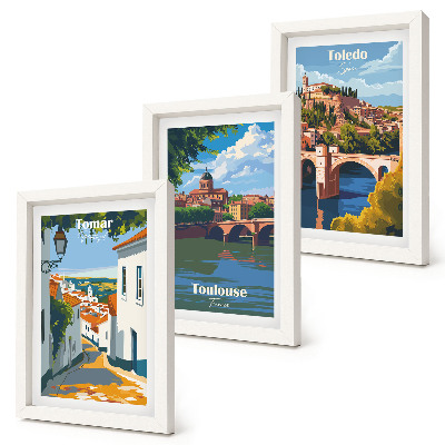 Set van ingelijste schilderijen Grafische afbeeldingen in retrostijl van beroemde steden