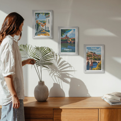Set van ingelijste schilderijen Grafische afbeeldingen in retrostijl van beroemde steden