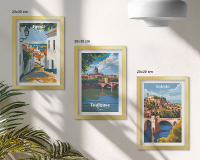 Set van ingelijste schilderijen Grafische afbeeldingen in retrostijl van beroemde steden