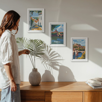 Set van ingelijste schilderijen Grafische afbeeldingen in retrostijl van beroemde steden