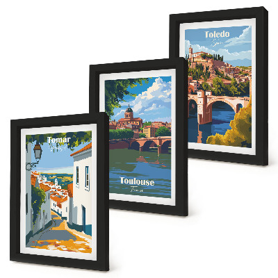 Set van ingelijste schilderijen Grafische afbeeldingen in retrostijl van beroemde steden