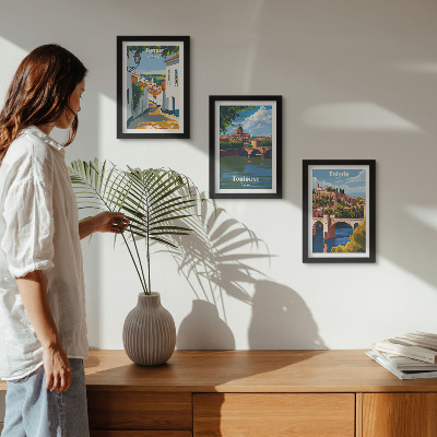 Set van ingelijste schilderijen Grafische afbeeldingen in retrostijl van beroemde steden