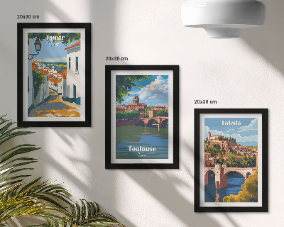 Set van ingelijste schilderijen Grafische afbeeldingen in retrostijl van beroemde steden