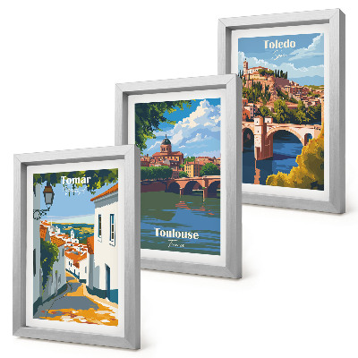 Set van ingelijste schilderijen Grafische afbeeldingen in retrostijl van beroemde steden