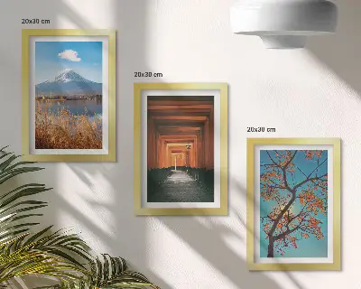 Set ingelijste schilderijen met Japanse landschappen, natuur en Aziatische architectuur