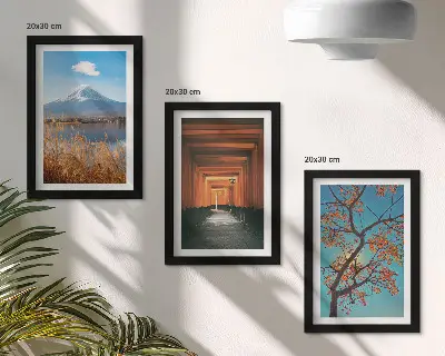 Set ingelijste schilderijen met Japanse landschappen, natuur en Aziatische architectuur