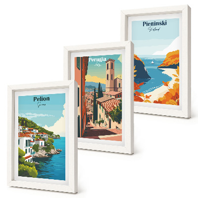 Set van ingelijste schilderijen Schilderachtige landschappen in retrostijl.