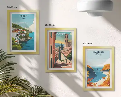 Set ingelijste schilderijen met landschappen in retrostijl