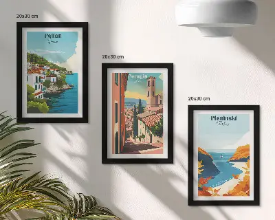 Set ingelijste schilderijen met landschappen in retrostijl