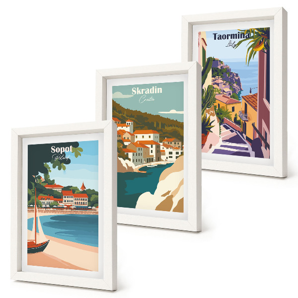 Gallery wall Stijlvolle illustraties van stadsgezichten aan zee