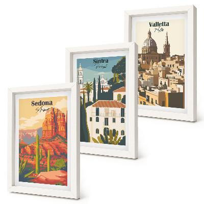 Set van ingelijste schilderijen Retro stadsgezichten van Sedona, Sintra en Valletta